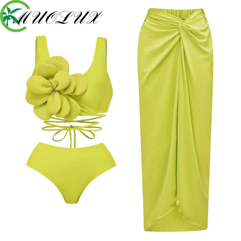 MUOLUX New Fashion Floral Solid Bikini Set Costumi da bagno Donna Fasciatura Costume da bagno Donna 2024 Cover Up Bikini Designer di lusso Spiaggia