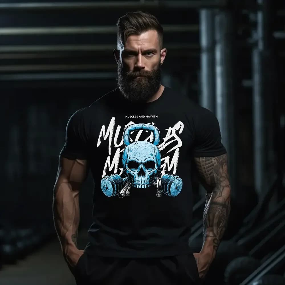Men's Cotton Skull Kettlebell T-shirt, streetwear, casual, gym, fitness, muscles, black