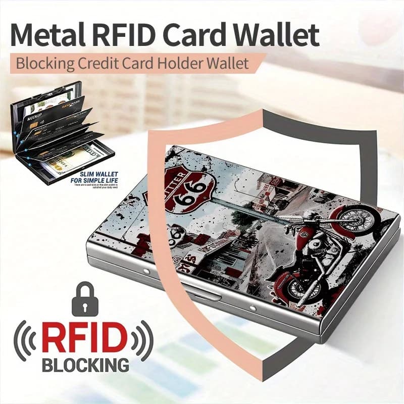 Portafoglio in metallo RFID di fascia alta in acciaio inossidabile modello moto e Highway 66, design con apertura laterale, regalo pratico ed elegante