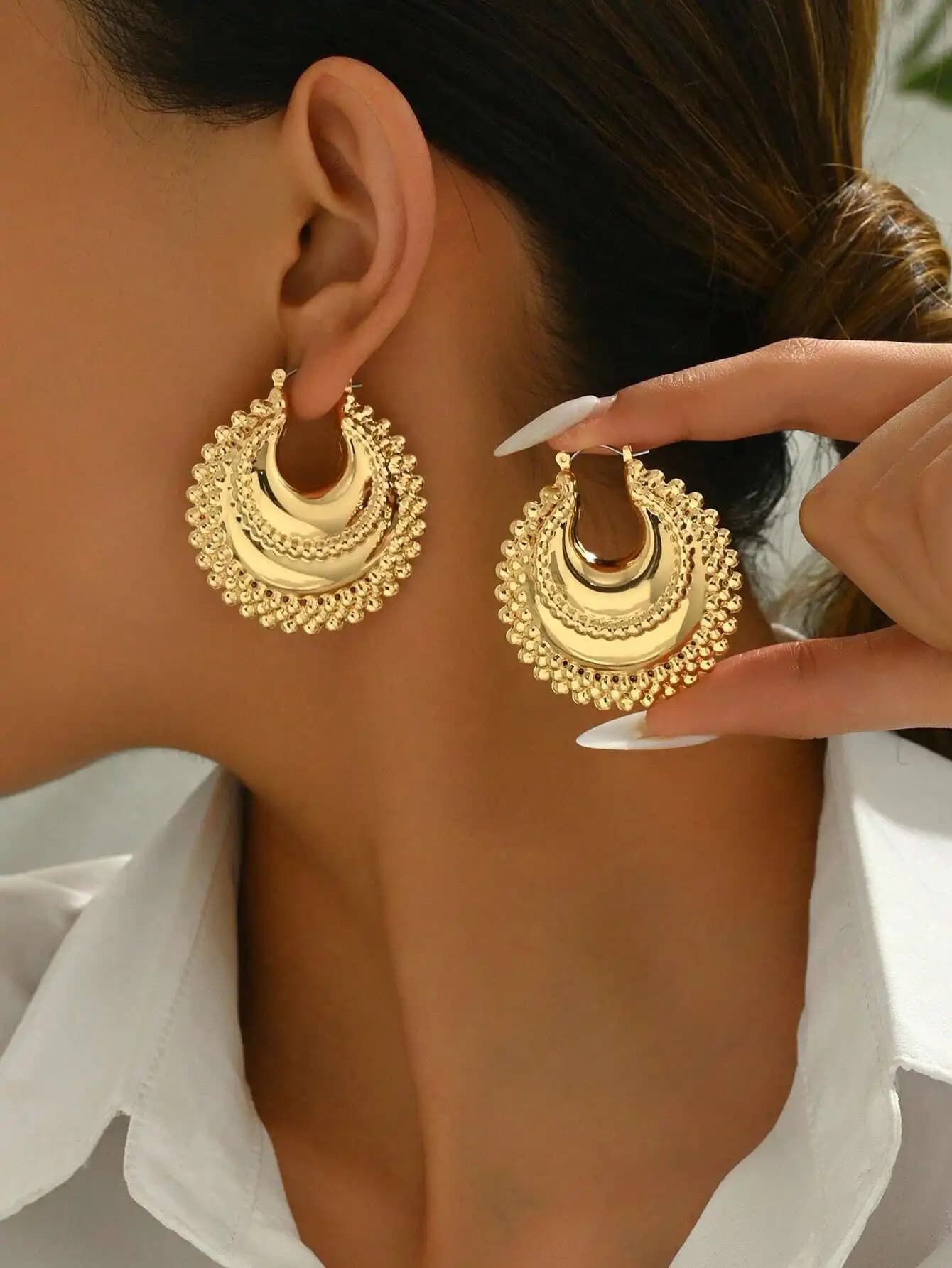 Gold Triple-Tiered Crescent Hoop Earrings With Beaded Border – Asymmetrical Oval Fortune Bag Design For Women Daily Use