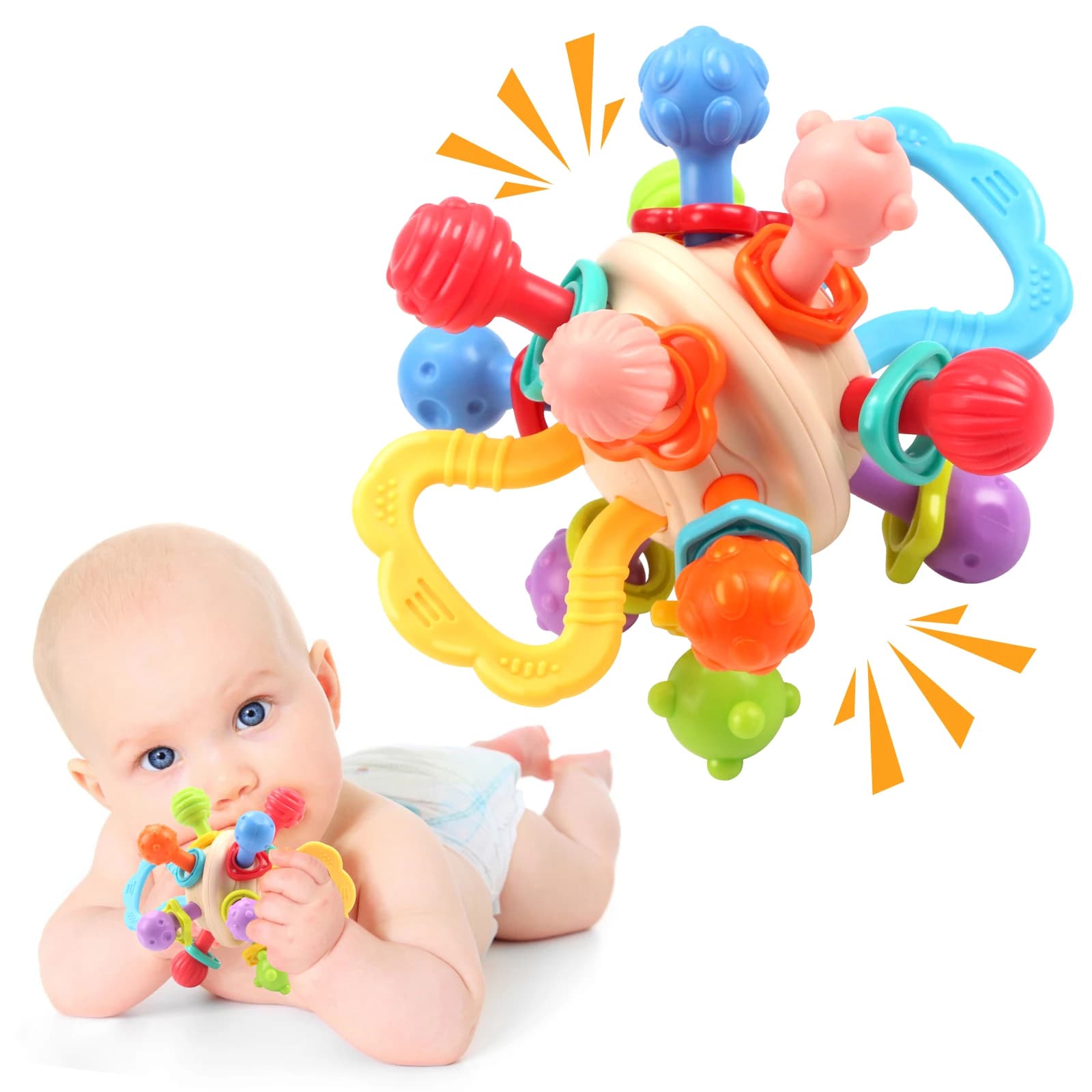 Giocattolo per bambini Manhattan, palla rotonda in morbido silicone, palla da afferrare con la mano, sonaglio, giocattoli masticabili per neonati 0M+, regali