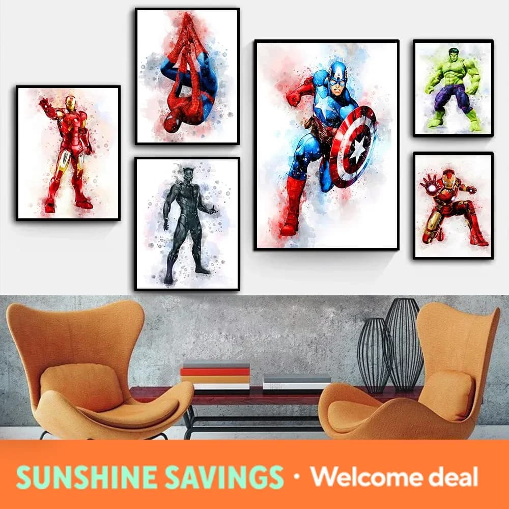new Graffiti Marvel Movie Posters Watercolor Wall Art Spider-Man Iron Man Captain America Hulk Black Panther Diamond Decor Pai