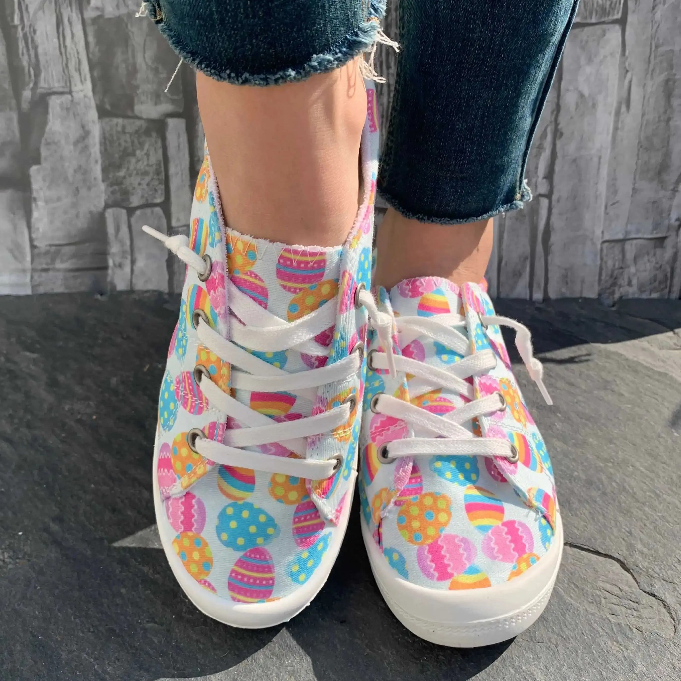 Couple of Women's Casual sneakers, Stroller Shoes, Student Running Shoes, New Spring Collection 2026 with Easter Egg Print and Bunny, Comfortable Soft Sole, Round Toe, Slip-On, Valentine's Gift, Fashion Travel Shoes for Couples