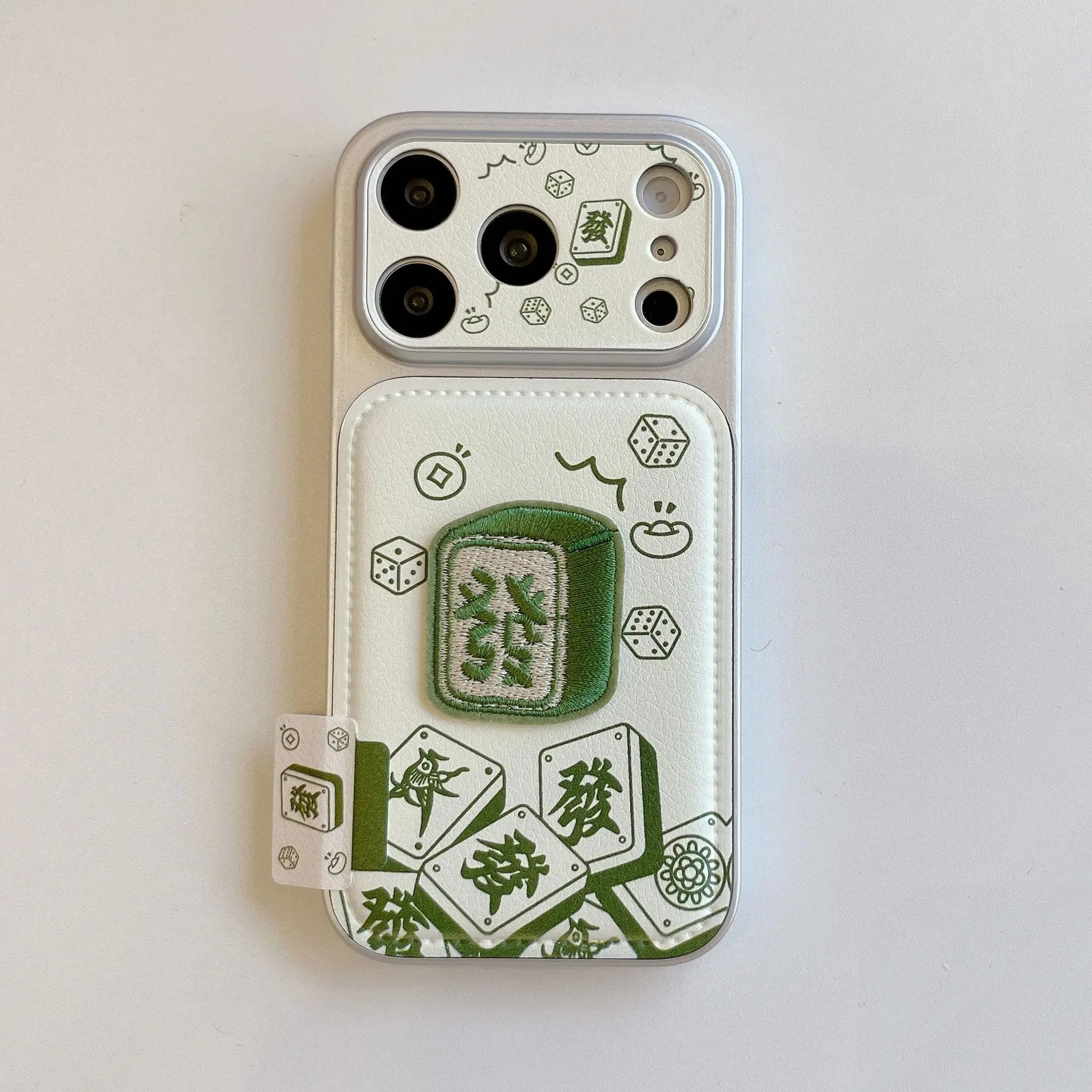 Custodia per telefono Lucky Mahjong in similpelle ricamata con motivo a tessere Mahjong per iPhone 17 16 15 14 13 Pro Max, Cover posteriore
