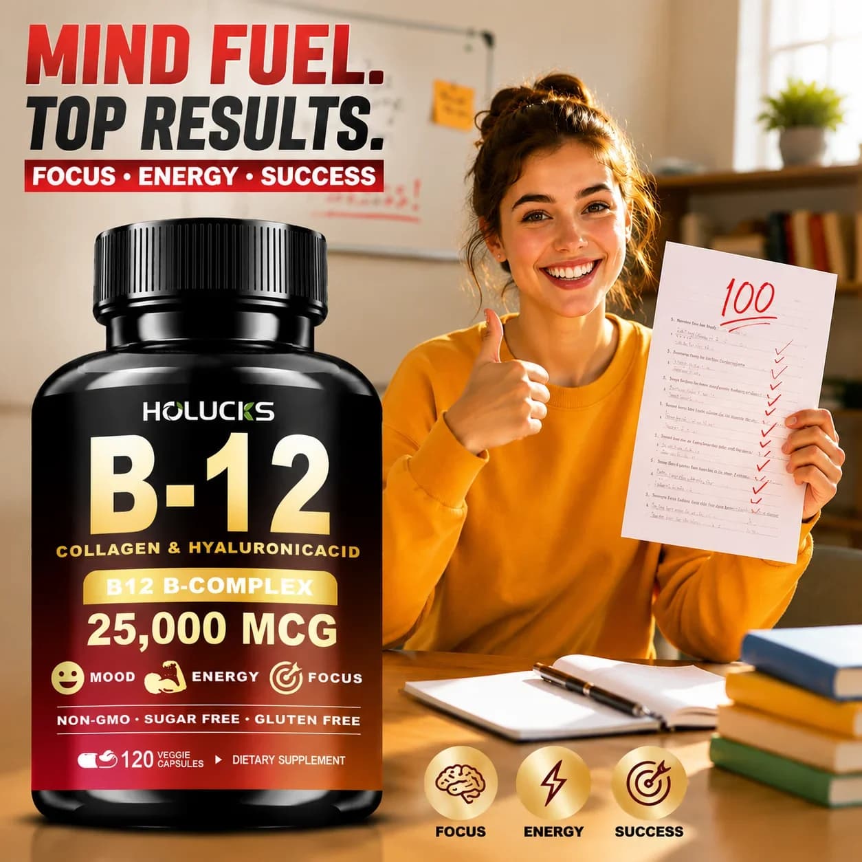B-Complex B12 Capsules, with B Vitamins & Grape Seed Extract, Support Brain Focus, Nervous System Health, Daily Mood, Energy