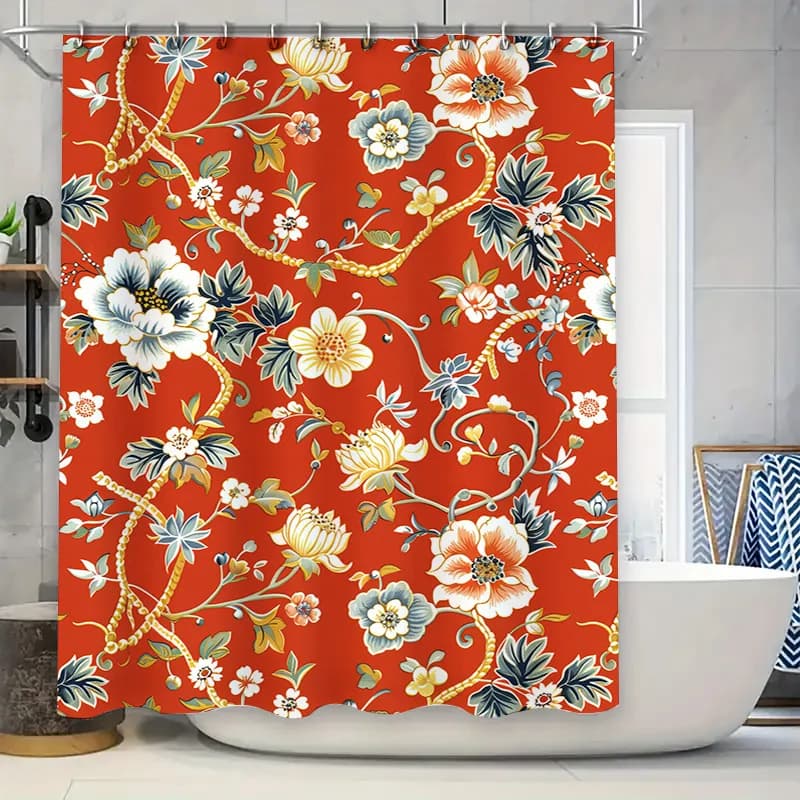 Lussuosa tenda da doccia con stampa floreale: design classico rosso con fiori bianchi gialli, ideale per la decorazione del bagno, impermeabile