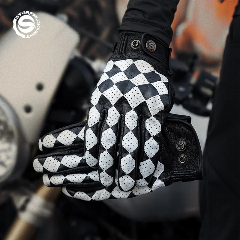 Star Field Knight Black&White Motorcycle Gloves Retro Riding Gears Summer Breathable Real Goat Leather Non-slip Wear-resistant