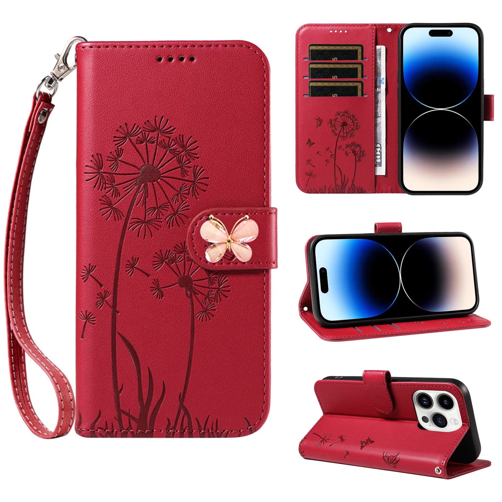 Dandelion Lanyard Leather Flip Case for Honor 600 500 Pro 400 Smart 200 Lite 100 90 Luxury Butterfly Clip 3 Card Wallet Cover