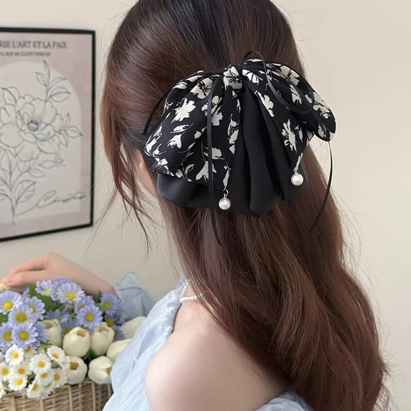 Elegante e versatile fermaglio per capelli in chiffon con stampa floreale e fiocco per donne e ragazze, grazioso fermaglio per capelli con nastro a fiocco, accessorio per capelli〔CC55〕