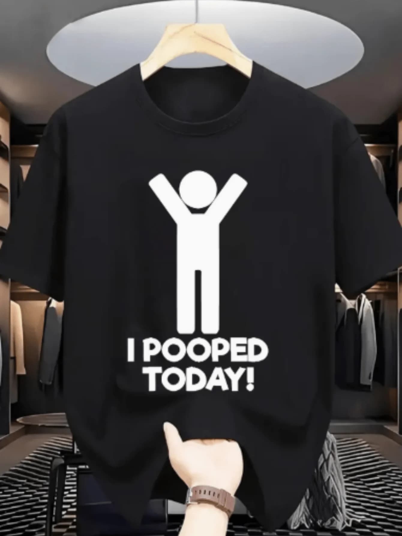 Men Charcoal Crew Neck Tee Minimal White Raised Arms Stick Figure I Pooped Today Odd Funny Self Care Humor Soft Cotton Male Tops