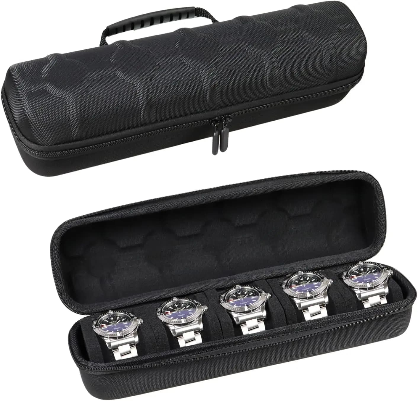 Custodia da viaggio rigida a 5 scomparti per orologi, organizer portatile in nylon con cuscino in morbida schiuma per uomo e donna
