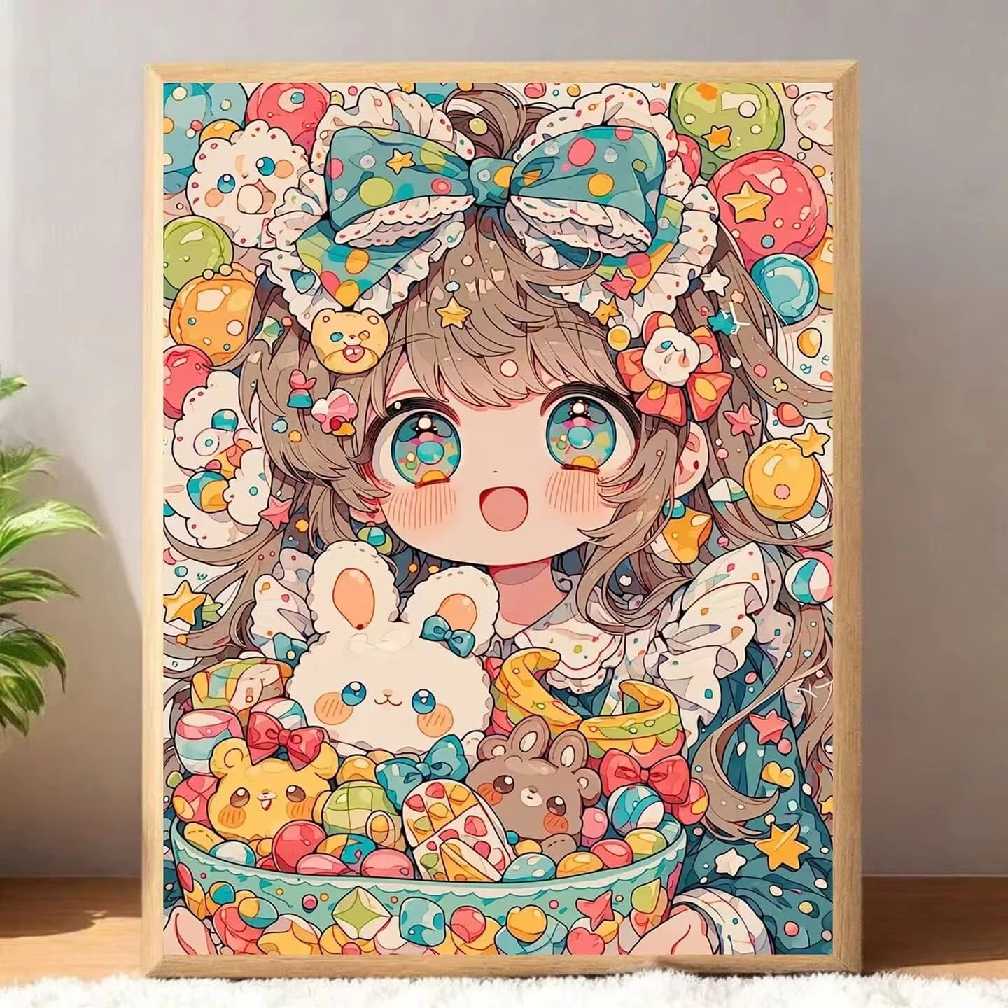 Digital Oil Painting By Number Cartoon Girl Rabbit Canvas Art Wall Decor for Game Room or Living Room DIY Gift Frameless