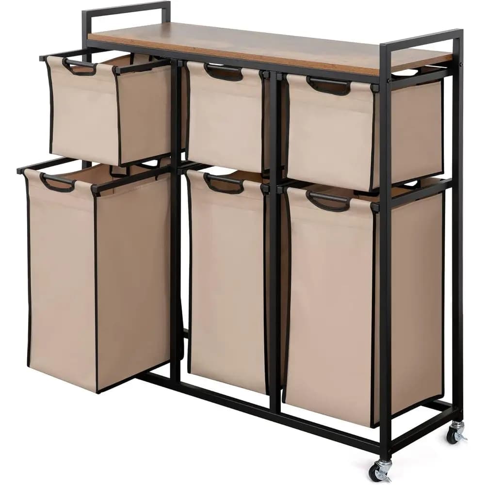 Organizer for basket with 6 sections with sliding bags, top shelf, metal structure
