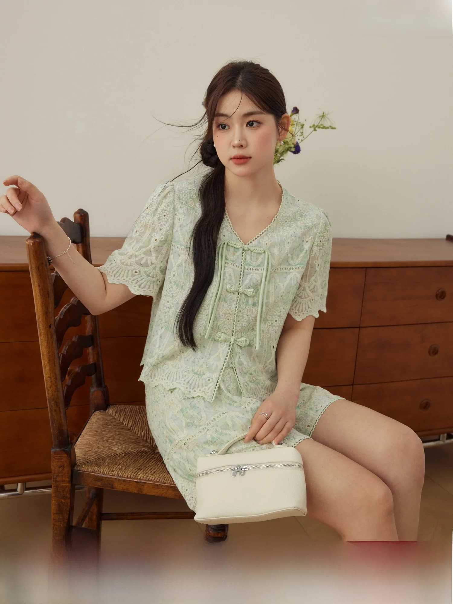 Blue Language plus Size Women's New Chinese Style Lace Set Summer New Button Short Sleeve Slim A-Line Shorts Two-Piece Suit