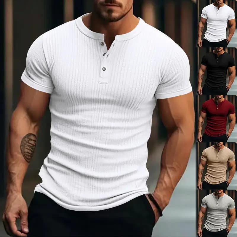 Men's Summer Sportswear Elastic Vertical Stripe Short Sleeve Knitted Henley T-Shirt Polyester Fiber Customizable DIY Basic Style