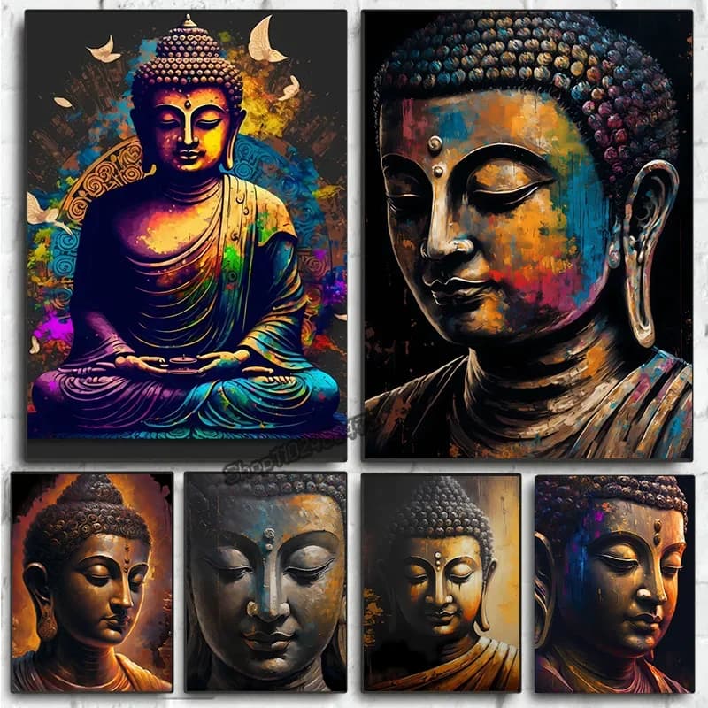 Spiritual Buddha Statue Meditation Golden Buddha Canvas Painting Print Poster Modern Wall Art Pictures Living Room Bedroom Decor