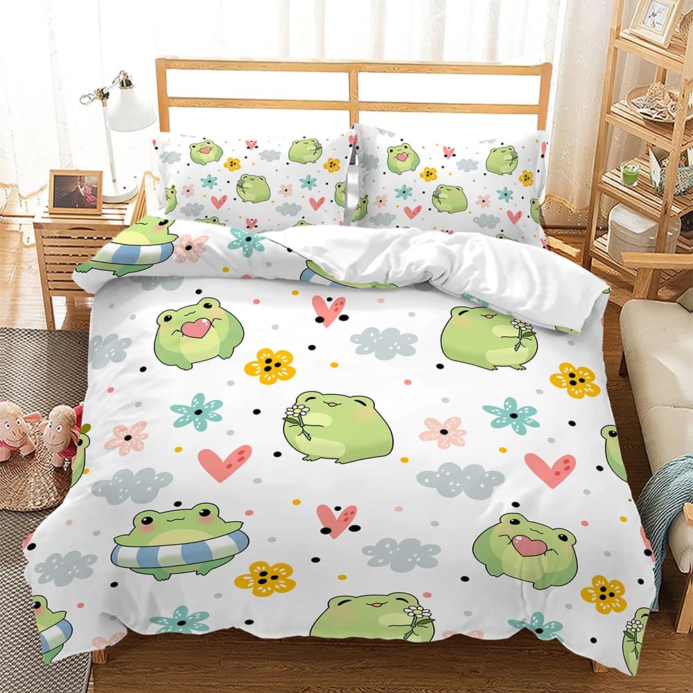 Animali del fumetto Rana Pulcino Alpaca 3D Copripiumino Set di biancheria da letto Trapunte Federe in lino Arredamento della camera Singolo Doppio Re Regina