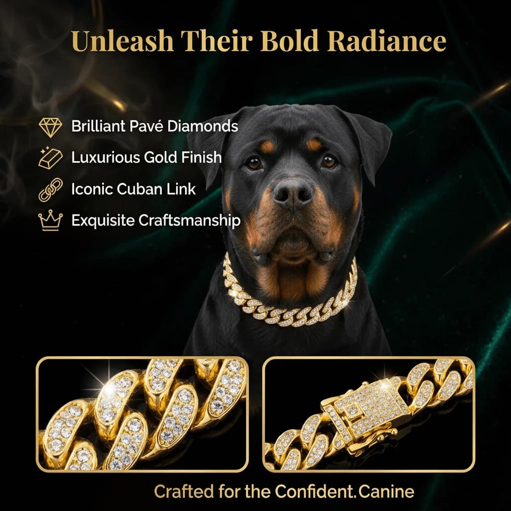 Collare di Lusso per Cani Stile Hip Hop, Catena Cubana in Acciaio Inossidabile Dorato, Gioiello per Animali Domestici con Diamanti Incastonati per Passeggiate Quotidiane