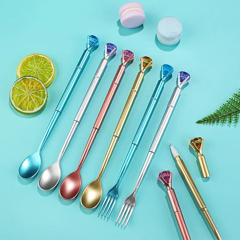 300 Pz/lotto Penna Nera Forchetta Cucchiaio Forma Penna Gel Stoviglie Progettato Penne Con Diamanti Di Cristallo Penna Bling Creativa Penna A Sfera Inchiostro Nero