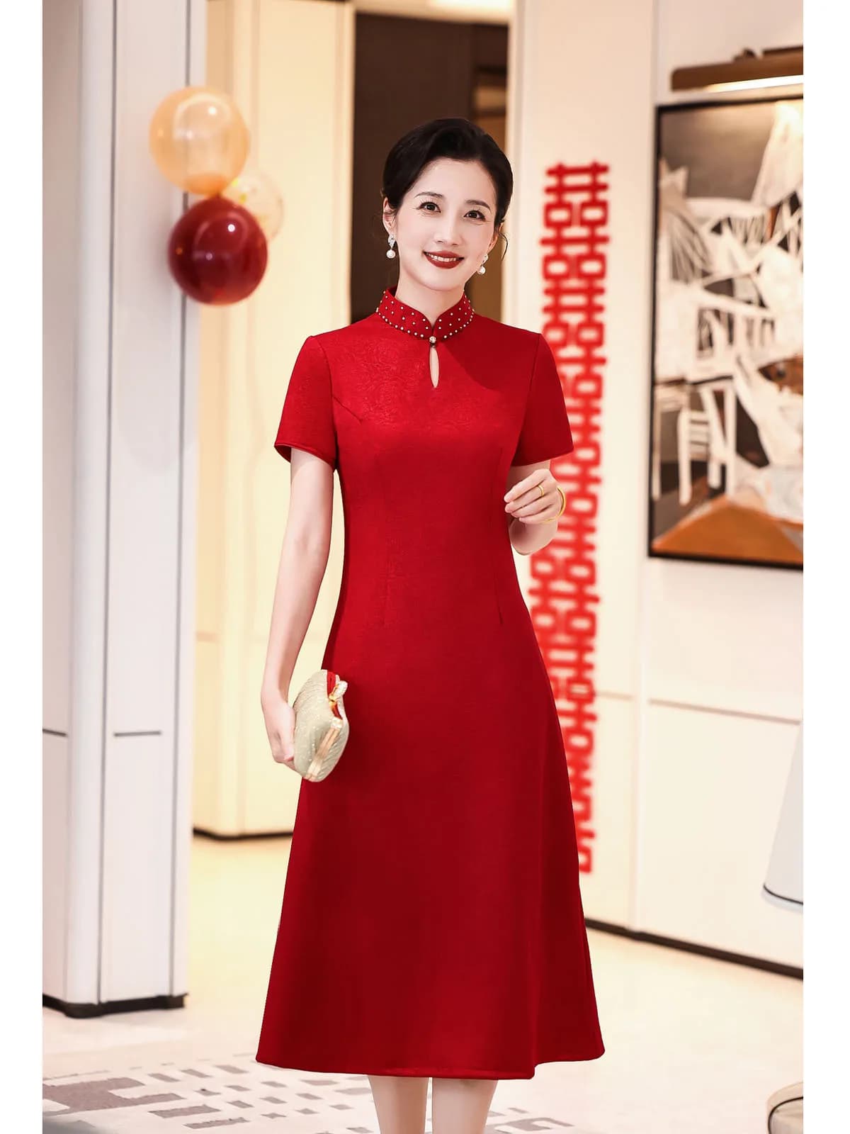 Abito da Sposa Rosso Nuovo Stile Cinese, Vestito da Cerimonia per la Madre della Sposa, Gonna Midi a Maniche Corte