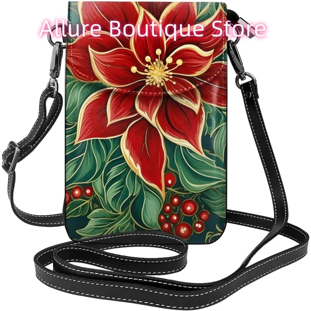 Borsa a tracolla con fiori di piante d'arte natalizia per donna Borsa da viaggio piccola in pelle PU per cellulare Portafoglio leggero per mini telefono