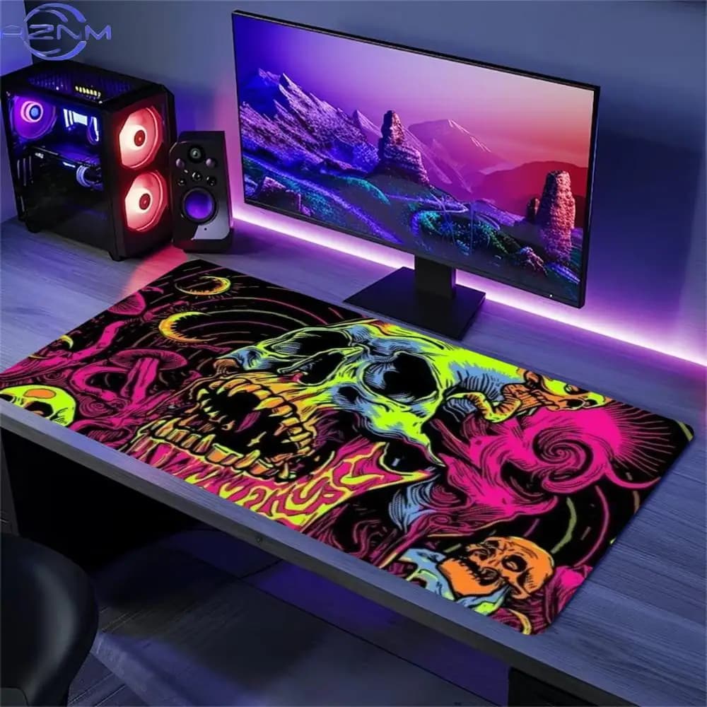 Neon Skull Large Gaming Mouse Pad Non-Slip Rubber Base Stitched Edge Keyboard Mat for PC Gamer Laptop Office Workspace