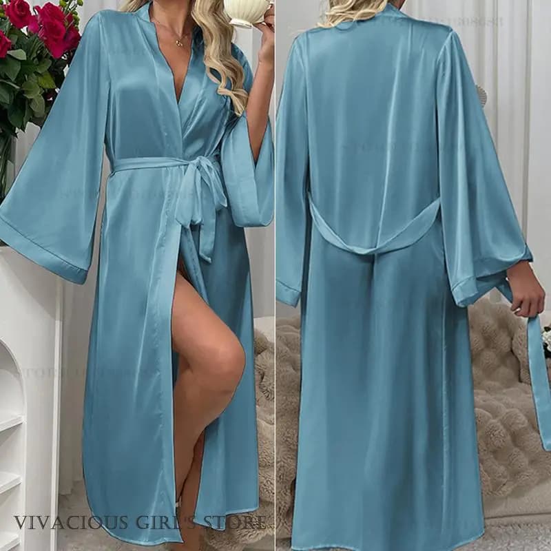 Primavera Autunno Donna Abito lungo Kimono Abito Accappatoio Sexy Raso di seta Indumenti da notte Camicia da notte Allentato Casual Abito da casa Abbigliamento da salotto