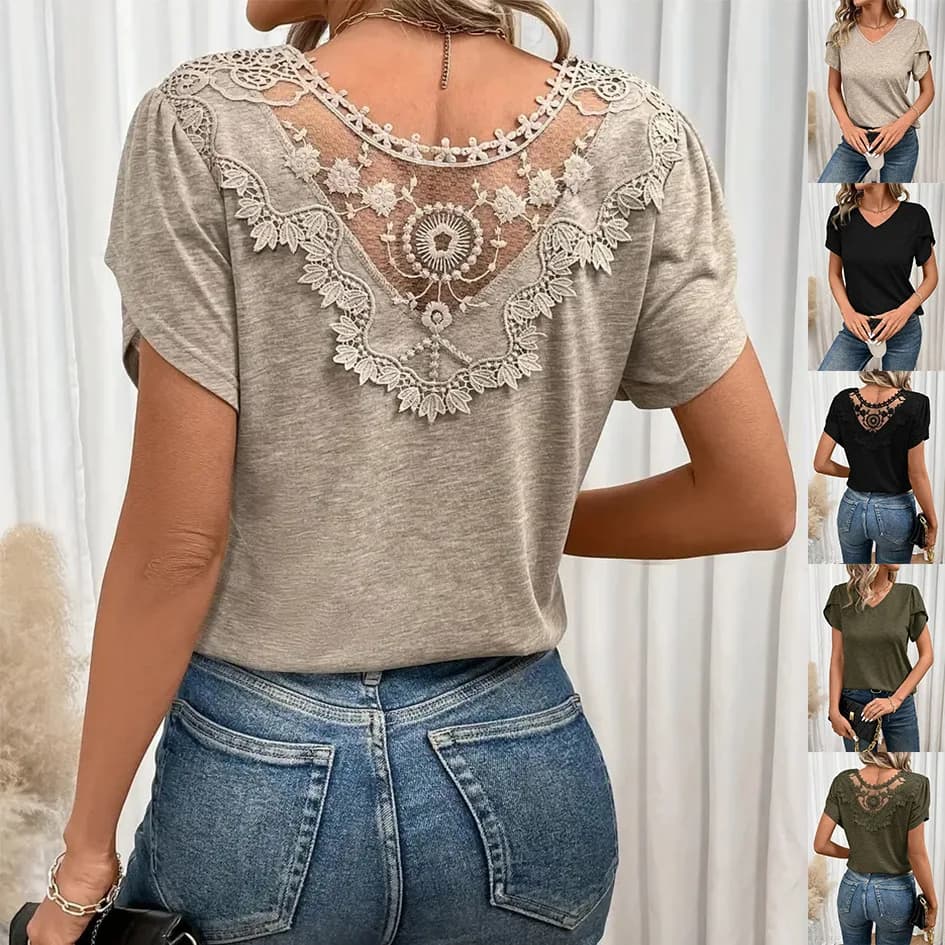 Nuova maglietta a maniche corte da donna estiva 2025 con scollo a V in pizzo scavato impiombato moda Top Casual Tees