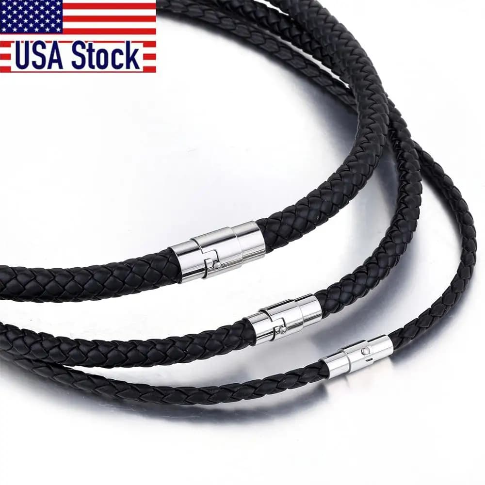 Men's Crew Neck Leather Black Braided Chain Collar Cord For Men Boys Stainless Steel Buckle Jewels Dropshipping UNM09A