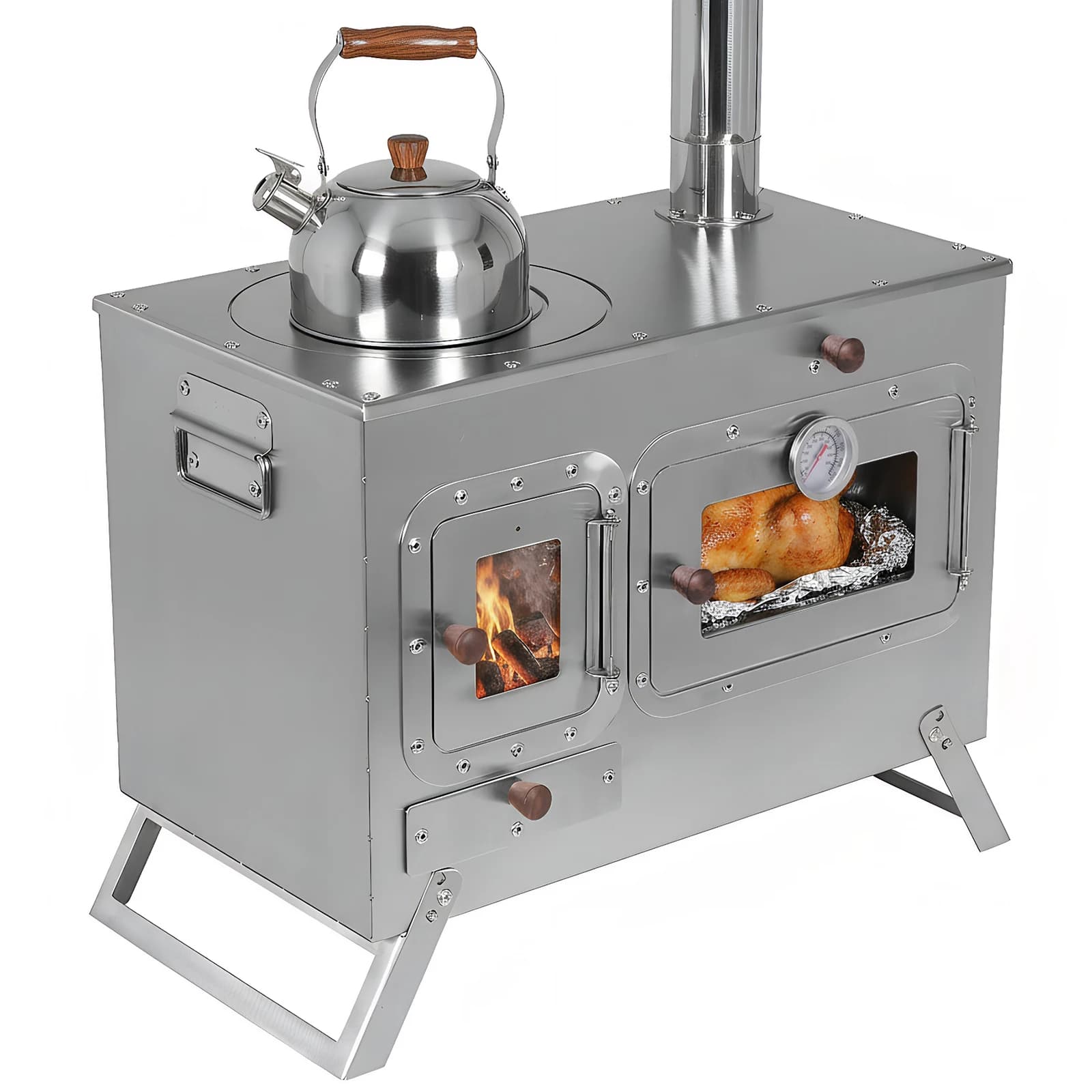 Portable Camping Stove with 4 Shoe Tubes, Stainless Steel Tent Stove for External Heating, Kitchen and Ice Fishing