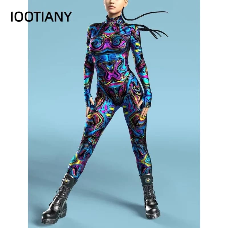 CosplayMulticolour Skeleton Printed Costume Woman Front Zipper Zentai Bodysuit Halloween Party Jumpsuits Carnival Holiday Show O