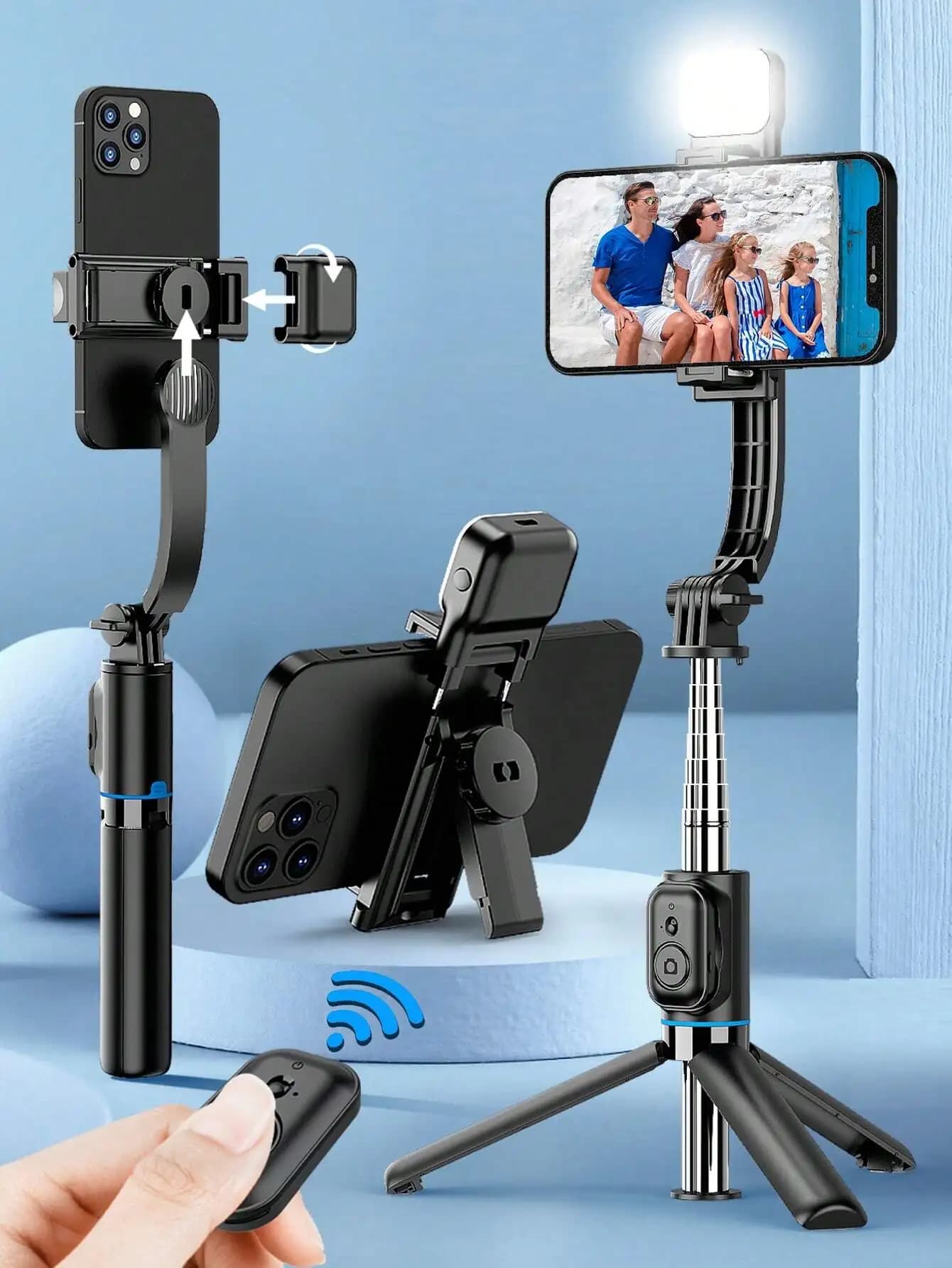 Treppiede per selfie stick AXNEN con luce LED - Staffa staccabile, telecomando wireless, per iPhone e Android