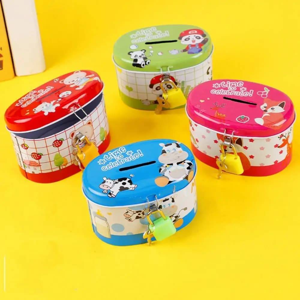 With Lock and Key Tinplate Piggy Bank High Capacity Cartoon Print Design Coin Savings Box Cute Iron Art Storage Jar Bedroom