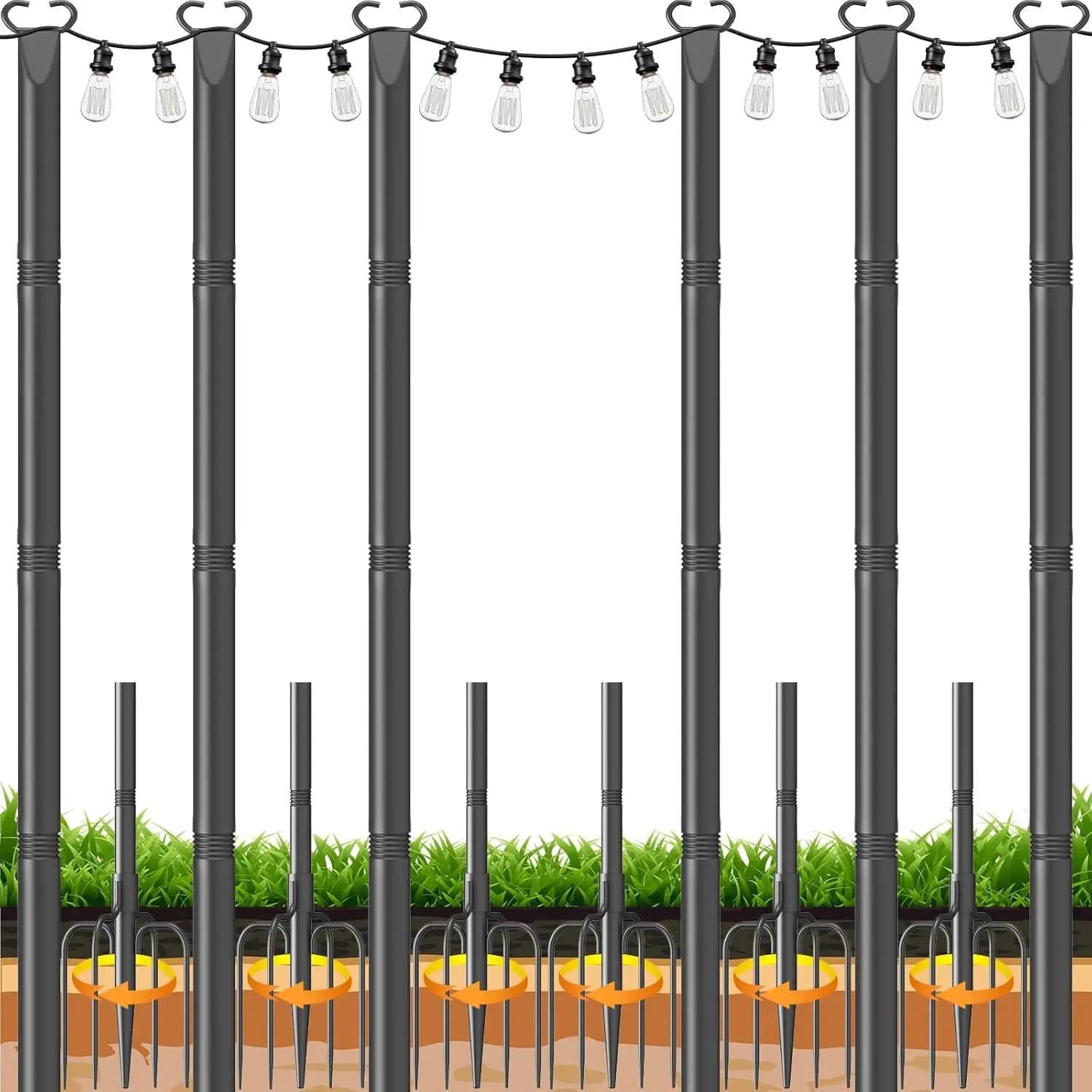 Set di 6 Pali per Luci a Corda da 3 Metri con Forca e Morsetto per Recinzione, per Decorazioni Esterne di Terrazze, Cortili e Giardini