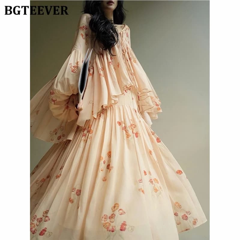 BGTEEVER Set di abiti vintage larghi da donna in 2 pezzi Camicette con scollo a V a maniche lunghe Abito stampato senza maniche da donna