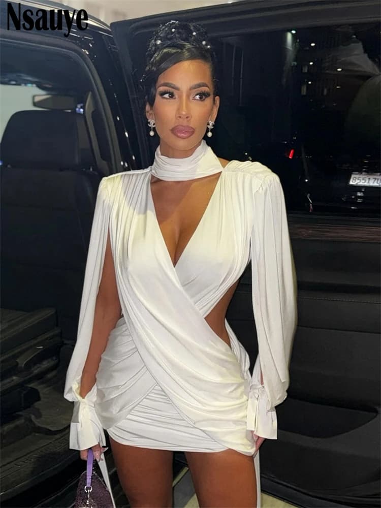 Abito Nsauye per donna inverno 2025 manica lunga bianco halter scava fuori mini avvolgente corto abito da sera sexy per feste night club