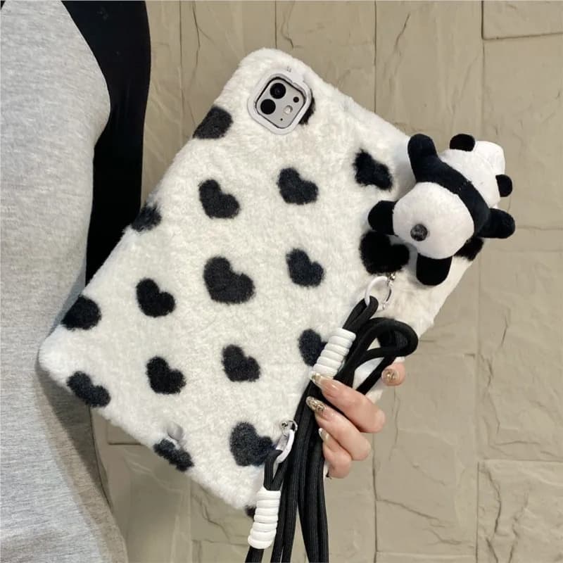Cute 3D Panda Plush Furry with Crossbody Lanyard Tablet Case for HONOR V6 V7 10.4in Soft Fluffy Shockproof Protective Cover