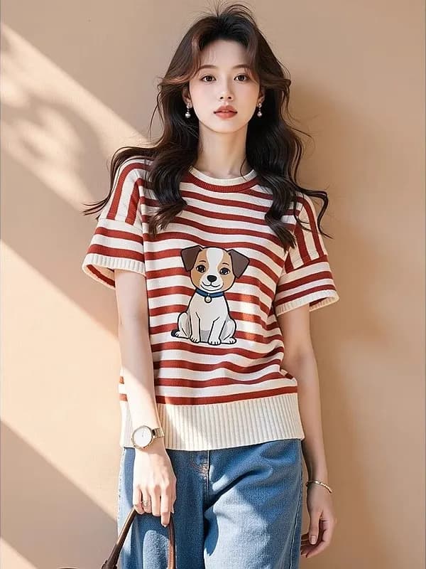 T-shirt da donna a maniche corte in maglia con stampa cane a strisce rosse e bianche, modello estivo nuovo, elegante e alla moda, effetto snellente e coprente