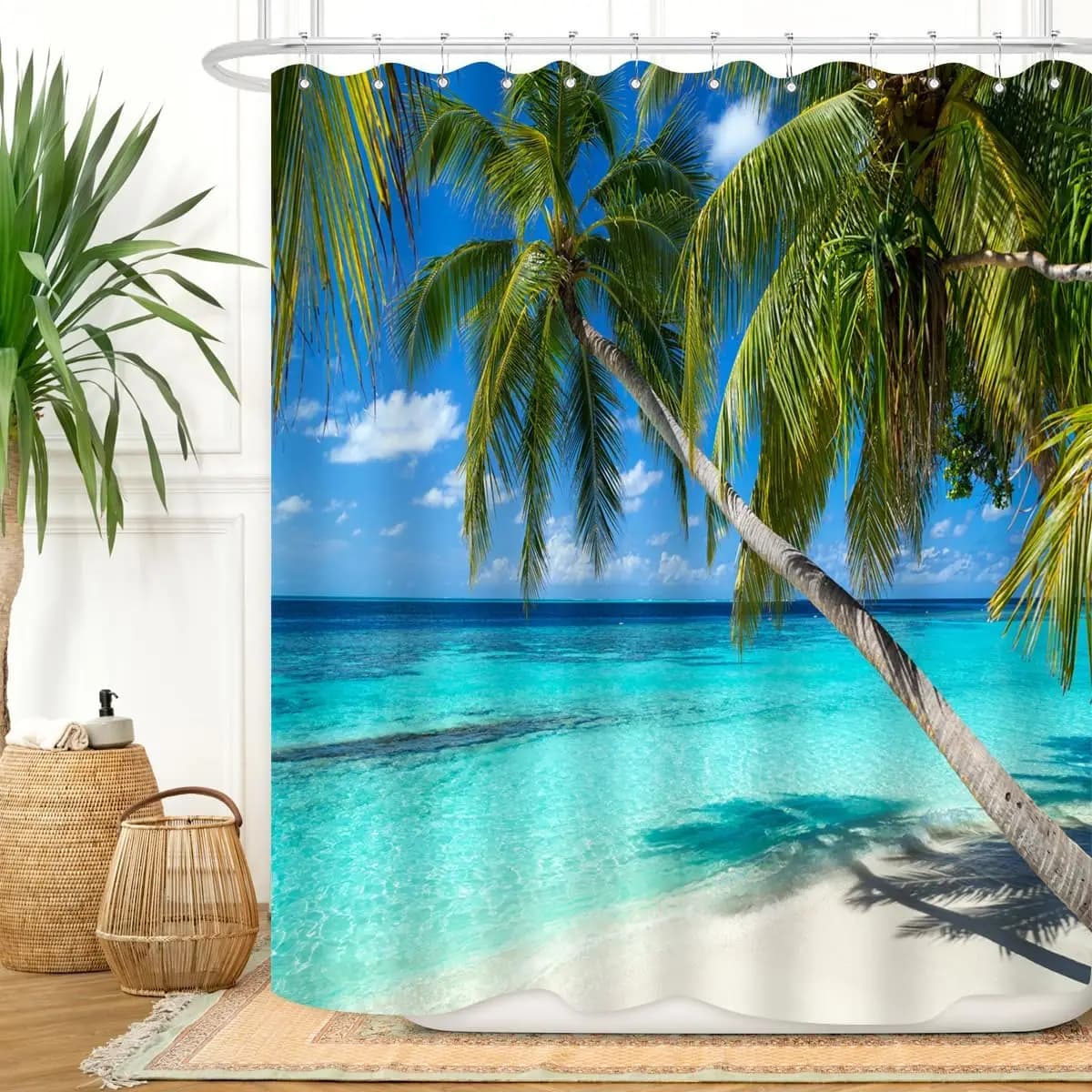 Beach shower curtain with palms and clear blue water, tropical paradise design, waterproof fabric, summer vibrations, bathroom furniture
