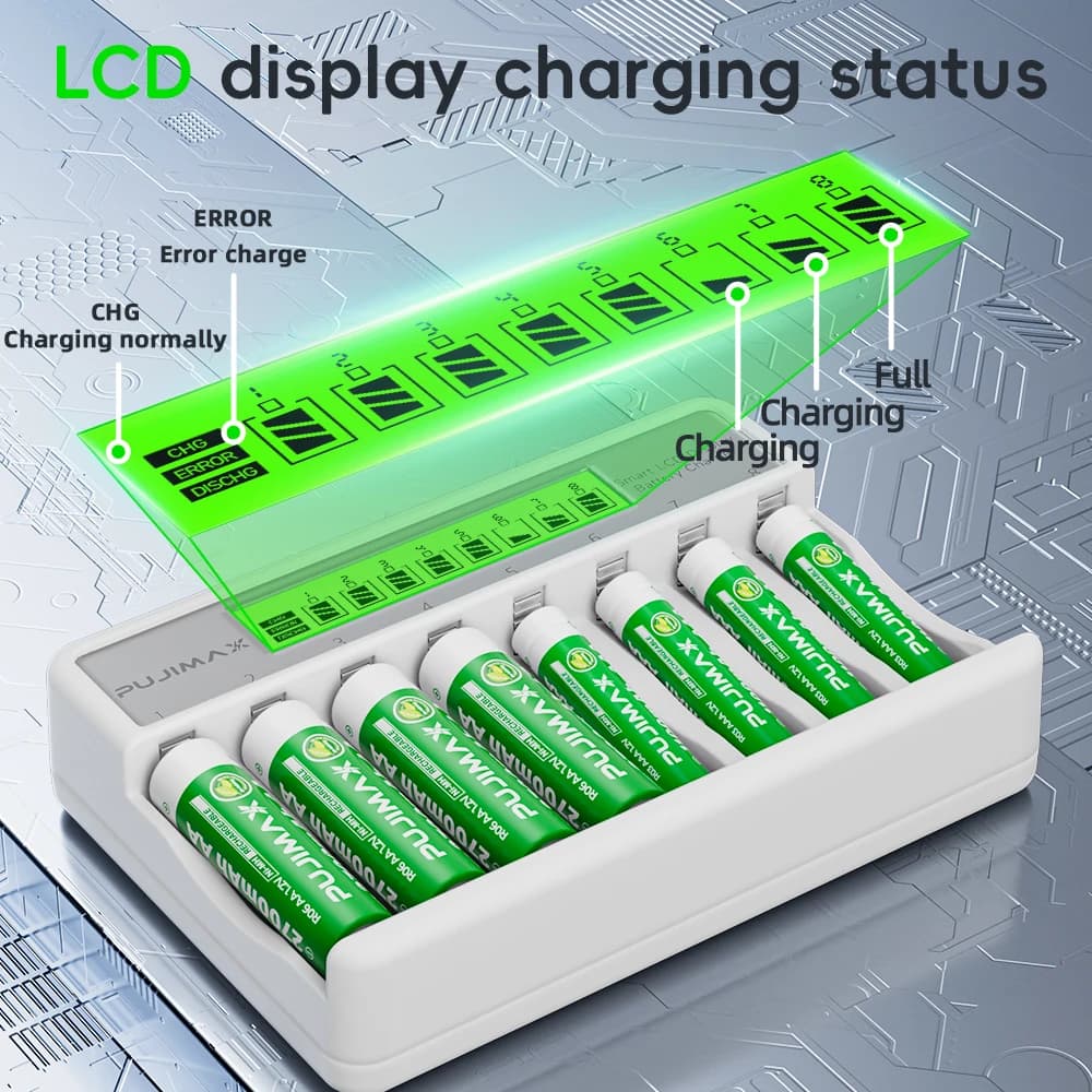 PUJIMAX Smart LCD Display 1.2V Fast Charger For 1.2V AA/AAA Ni-MH Ni-Cd 1100mAh 2700mAh Batteries 8-Slot Intelligent Charger