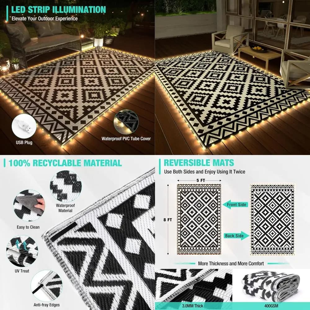 5'X8' Outdoor Carpet Waterproof with LED Strip, Reversible Plastic Carpet for Exterior, Patio Carpet with 4 Picchetti, Exterior Moquette