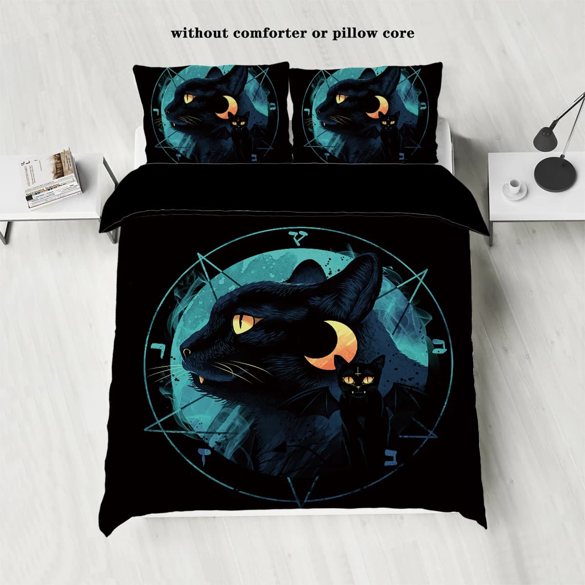 Copripiumino stampato in 3 pezzi Halloween Black Cat Pattern (set da 1 pezzo + 2 federe, senza nucleo) Set biancheria da letto
