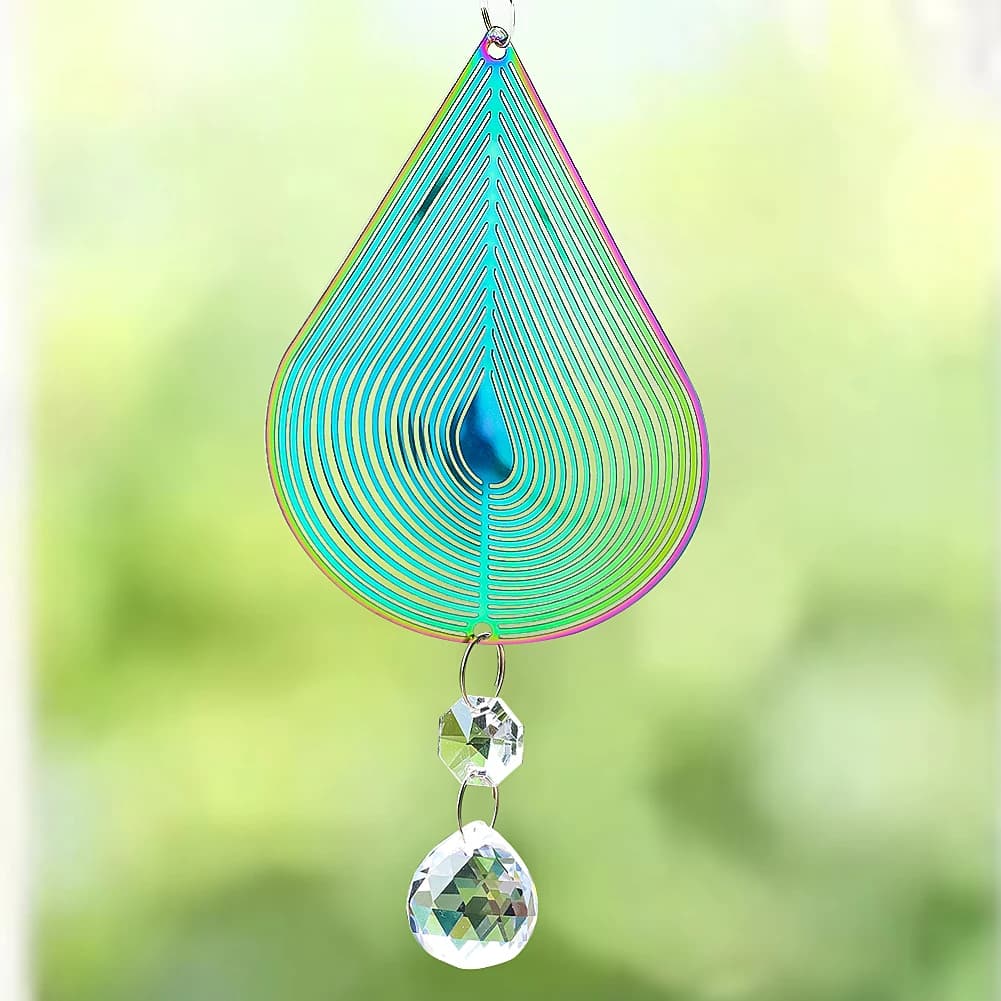 24CM Rainbow Teardrop 3D Stainless Steel Rotating Crystal Pendant Dreamcatcher Wind Chime DIY Home Garden Decoration