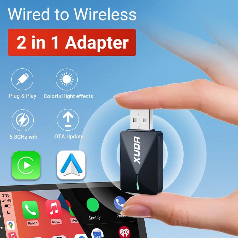 XUDA 2025 NUOVO Mini adattatore 2in1 cablato a Wireless CarPlay e Android Auto 5GHz WiFi5 Plug and Play Alla moda e portatile