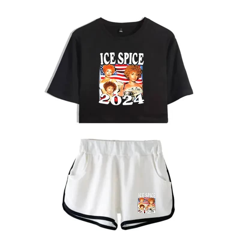 sisi 2233 Tuta da ginnastica estiva da donna 2 Set ICE Spice Merch Crop Top Pantaloncini Completi a due pezzi Tuta da donna casual Abbigliamento sportivo
