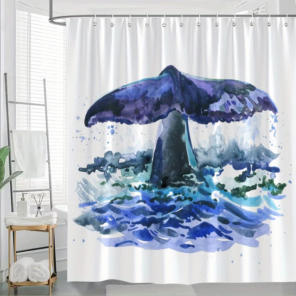 Tenda da doccia Majestic Whale Tail - Acquerello, balena che smerigliano dall'oceano, stile impressionistico blu e bianco