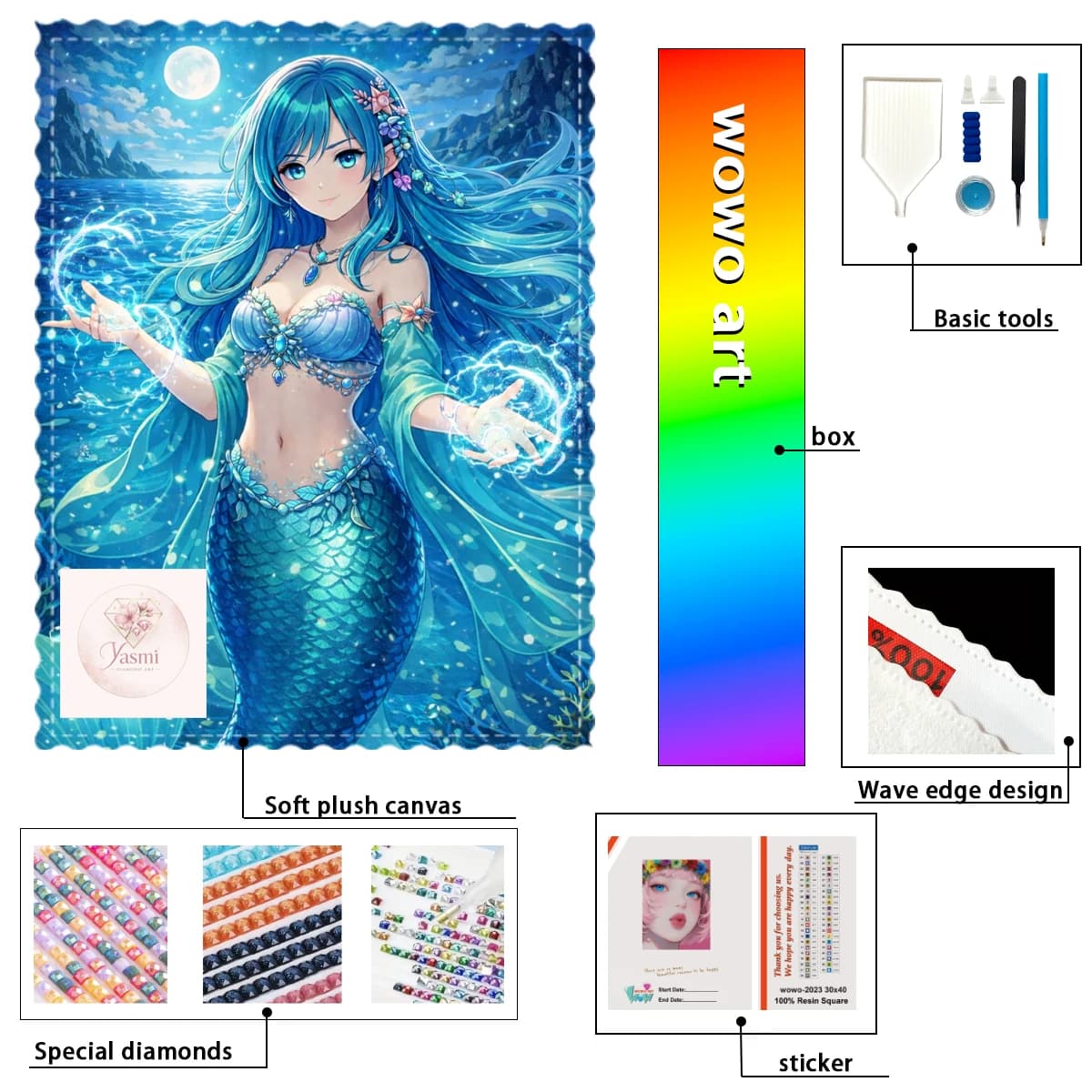 【Yasmi Diamond Art】 Ocean Siren Tessuto floccato con strass in resina al 100% con 3-4 diamanti speciali per pittura con diamanti