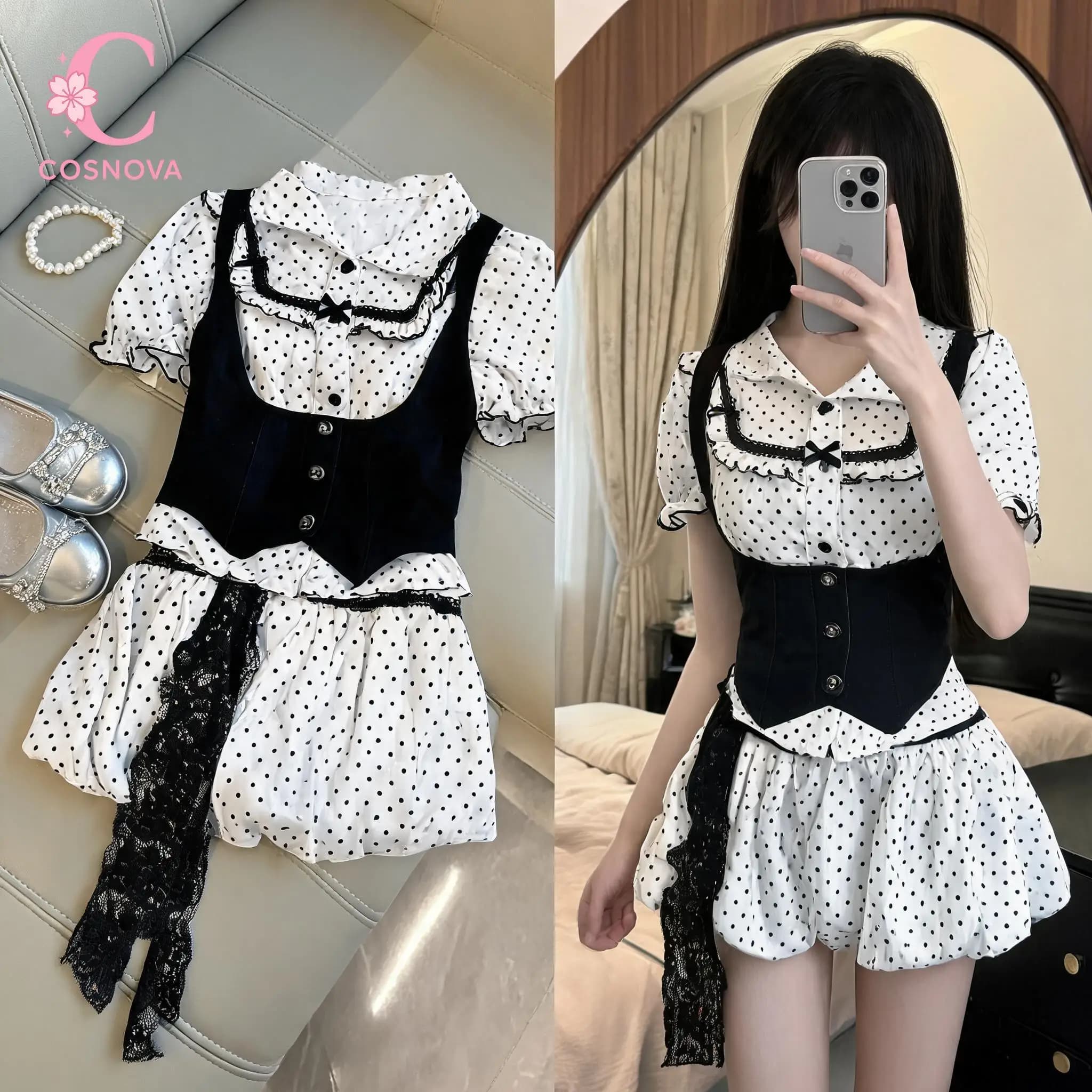 Set 2 Pezzi Kawaii Lolita a Pois per Donna, Corsetto Aderente, Blusa con Maniche a Sbuffo, Gonna a Vita Alta con Fiocco e Ruches in Pizzo, Elegante Outfit da Festa