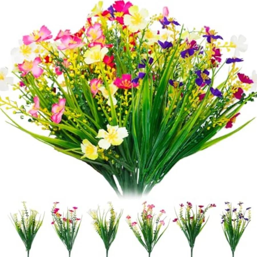 12 Bundles Artificial Outdoor Flowers Fake Silk Plants Spring Decoration Indoor Outside Hanging Plants UV Resistant Faux Flower