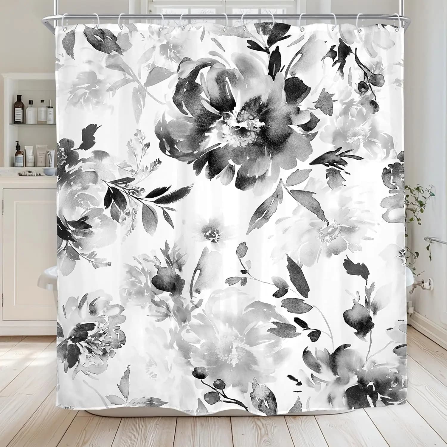 Tenda da doccia floreale bianca nera Fiori Acquerello Rosa Peonia Primavera Botanica Foglie naturali Tessuto di stoffa con opere d'arte Impermeabile